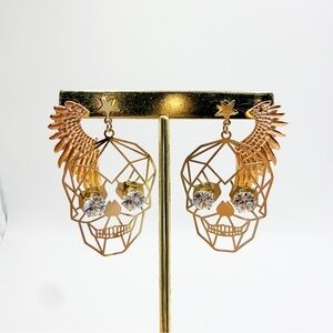 Gold Tone Skull & Wing Earrings Set – Gothic CZ Dangle + Angel Studs